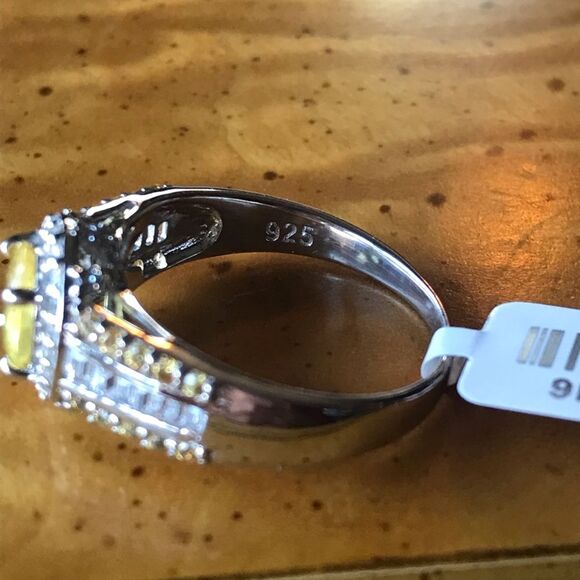 Natural Yellow Sapphire Sterling Silver Halo Ring Size 10 - Picture 3 of 10